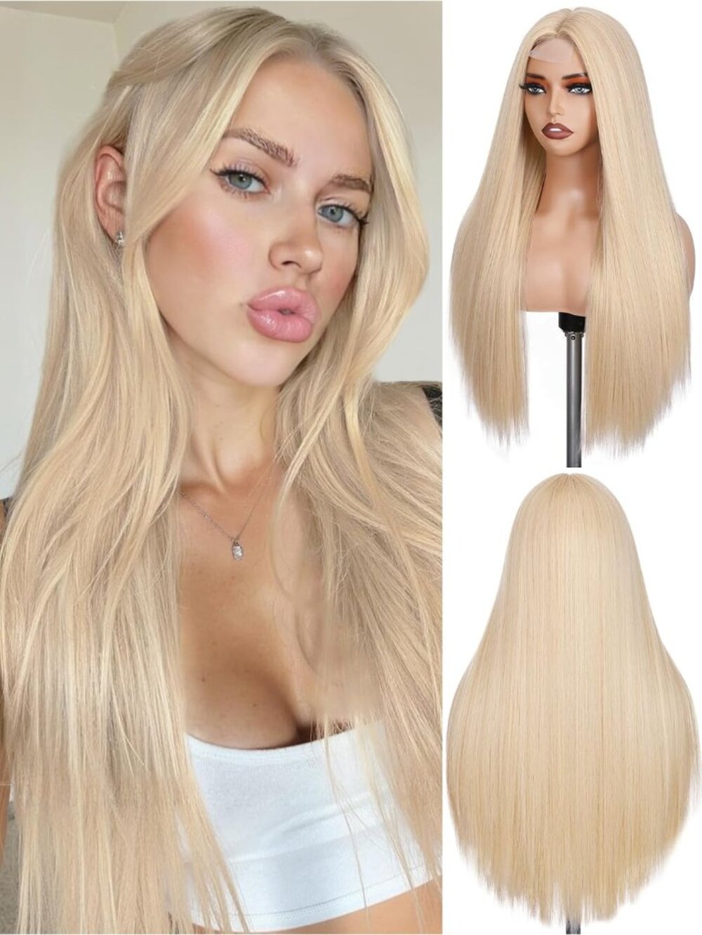Women's Blonde 26 Inch Heat Resistant Straight Middle Part Synthetic Wigs